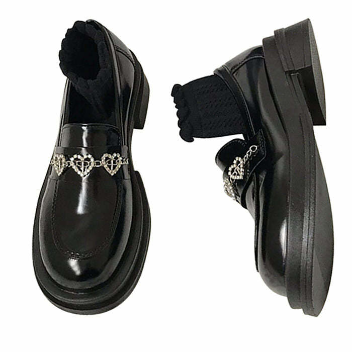 Rhinestone Heart Loafers for Y2K Aesthetic & Coquette Style Outfits