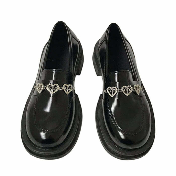 Rhinestone Heart Loafers for Y2K Aesthetic & Coquette Style Outfits