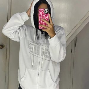 Rhinestone Logo Zip-Up Hoodie in Y2K Style for Aesthetic Outfits