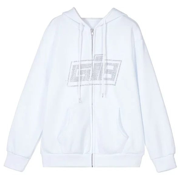 Rhinestone Logo Zip-Up Hoodie in Y2K Style for Aesthetic Outfits