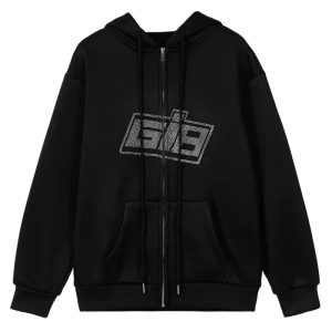 Rhinestone Logo Zip-Up Hoodie in Y2K Style for Aesthetic Outfits