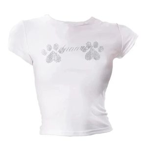 Rhinestone Paw Print Baby Top - Y2K Aesthetic Cute Top for Pet Lovers