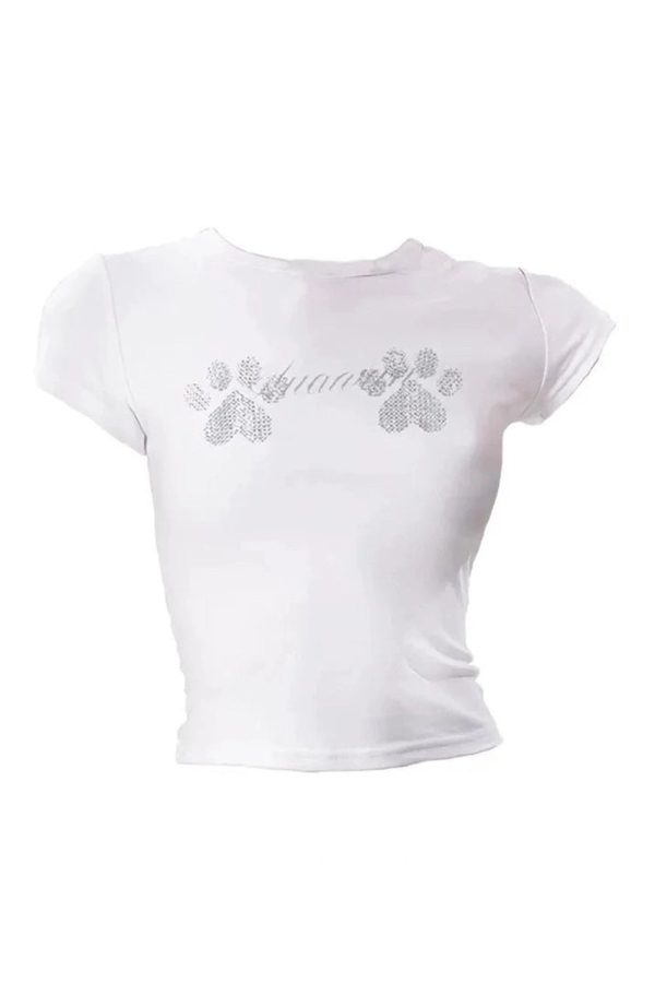 Rhinestone Paw Print Baby Top - Y2K Aesthetic Cute Top for Pet Lovers