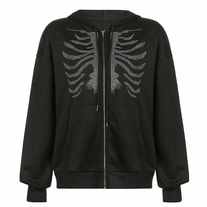 Rhinestone Skeleton Hoodie - Y2K Grunge Aesthetic Cute Top for Fall