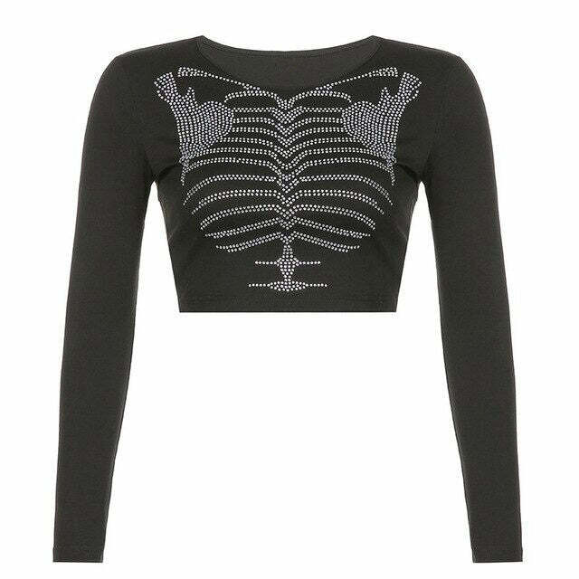 Rhinestone Skeleton Long Sleeve Top - Y2K Aesthetic Cute Top