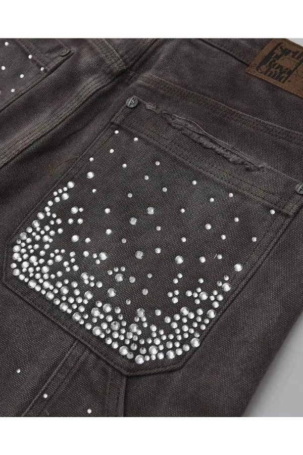 Rhinestone Studded Distressed Denim Shorts for Y2K and Grunge Aesthetic