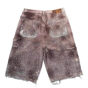 Rhinestone Studded Distressed Denim Shorts for Y2K and Grunge Aesthetic