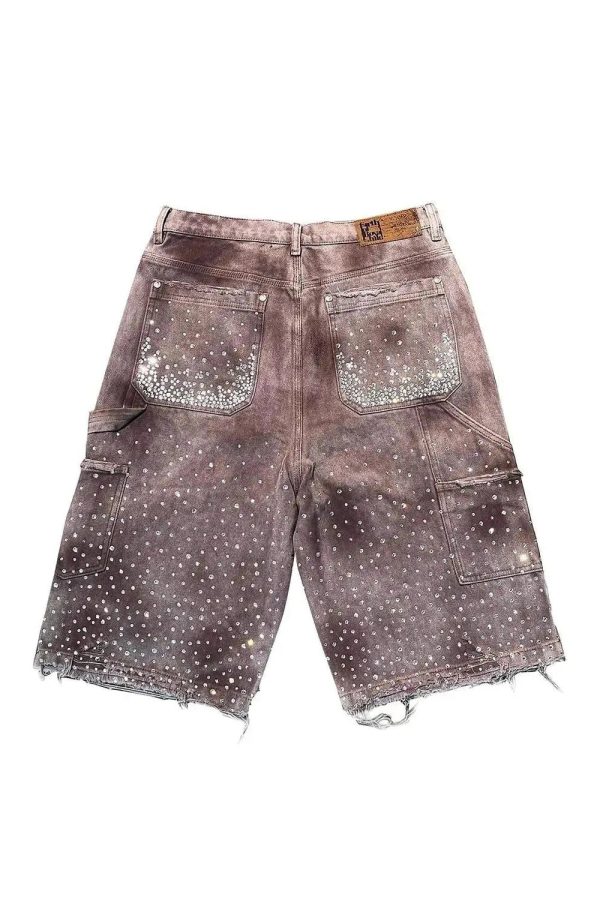 Rhinestone Studded Distressed Denim Shorts for Y2K and Grunge Aesthetic