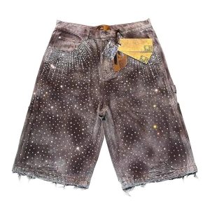 Rhinestone Studded Distressed Denim Shorts for Y2K and Grunge Aesthetic