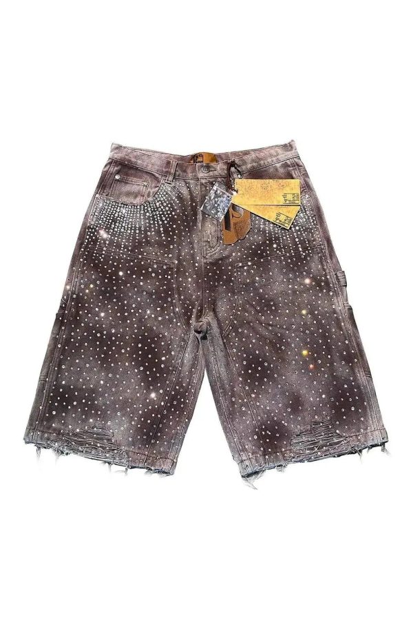 Rhinestone Studded Distressed Denim Shorts for Y2K and Grunge Aesthetic