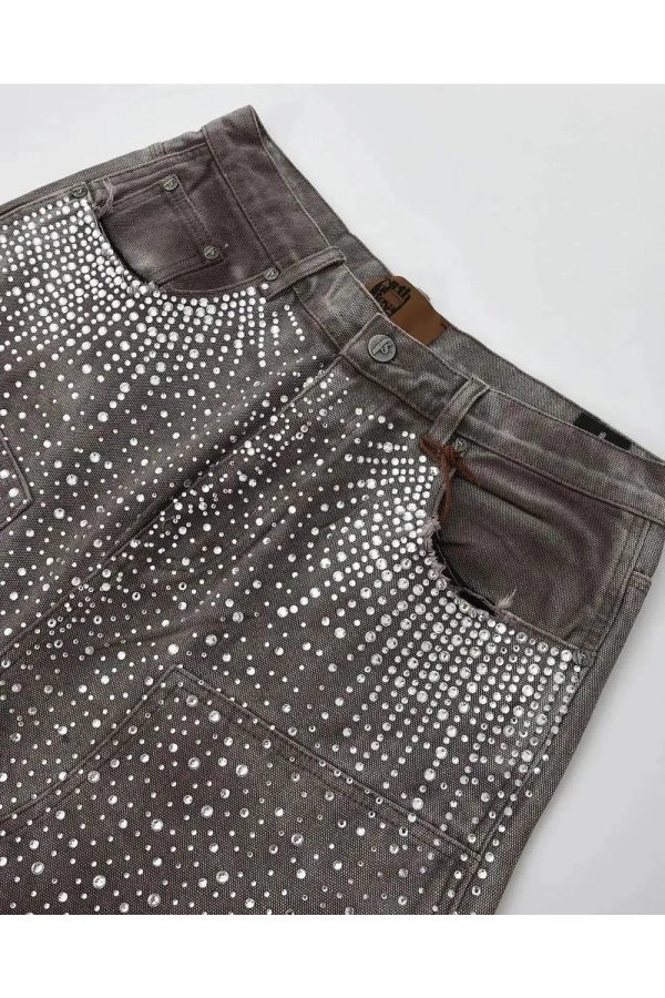 Rhinestone Studded Distressed Denim Shorts for Y2K and Grunge Aesthetic