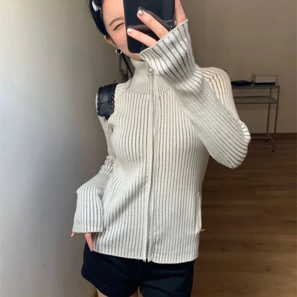 Ribbed High-Neck Zip Sweater for Y2K Aesthetic & Cozy Fall Outfits