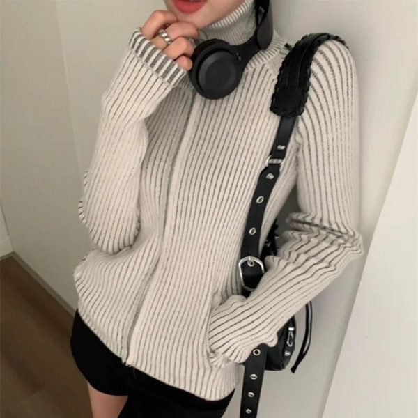 Ribbed High-Neck Zip Sweater for Y2K Aesthetic & Cozy Fall Outfits