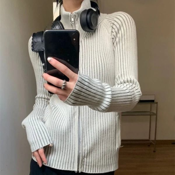 Ribbed High-Neck Zip Sweater for Y2K Aesthetic & Cozy Fall Outfits