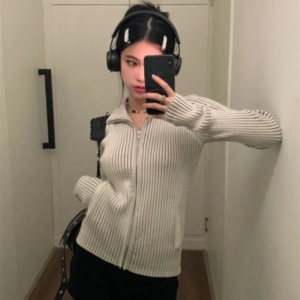 Ribbed High-Neck Zip Sweater for Y2K Aesthetic & Cozy Fall Outfits