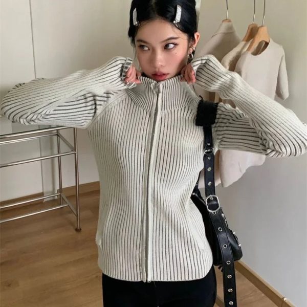 Ribbed High-Neck Zip Sweater for Y2K Aesthetic & Cozy Fall Outfits