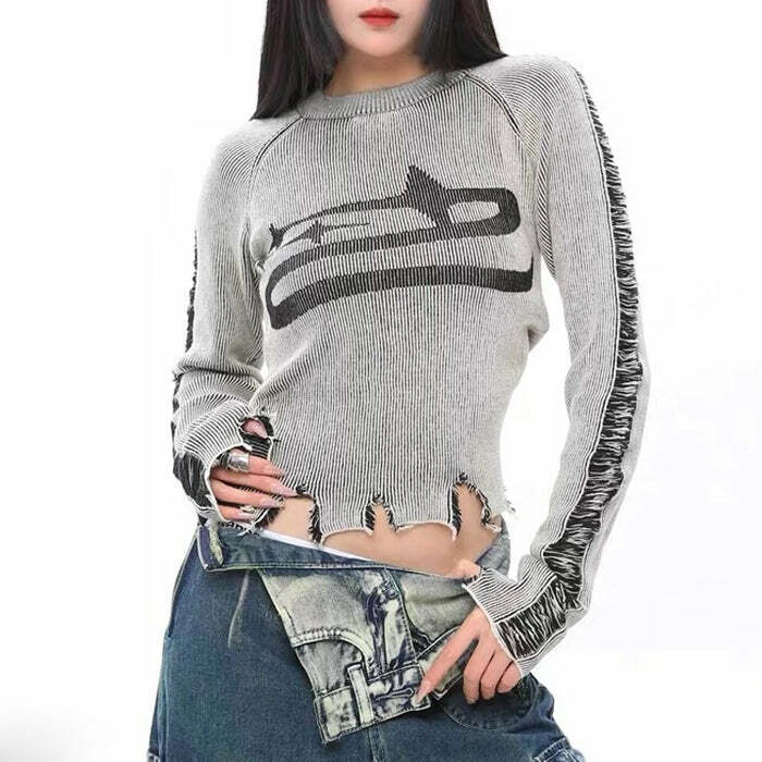 Ripped Long Sleeve Star Top - Y2K Aesthetic Grunge Style Essential