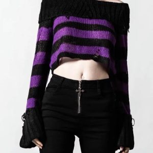 Ripped Striped Off-Shoulder Sweater for Y2K Aesthetic and Grunge Style