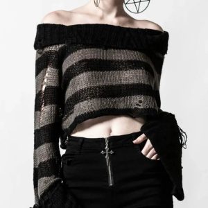 Ripped Striped Off-Shoulder Sweater for Y2K Aesthetic and Grunge Style