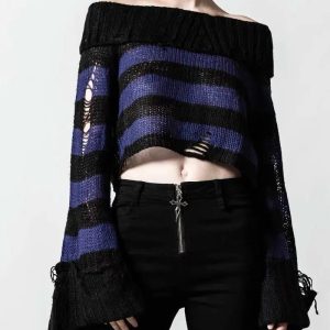 Ripped Striped Off-Shoulder Sweater for Y2K Aesthetic and Grunge Style