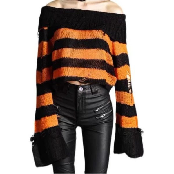 Ripped Striped Off-Shoulder Sweater for Y2K Aesthetic and Grunge Style