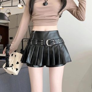 Riveted Pleather Mini Skirt for Y2K Aesthetic & Grunge Style Outfits