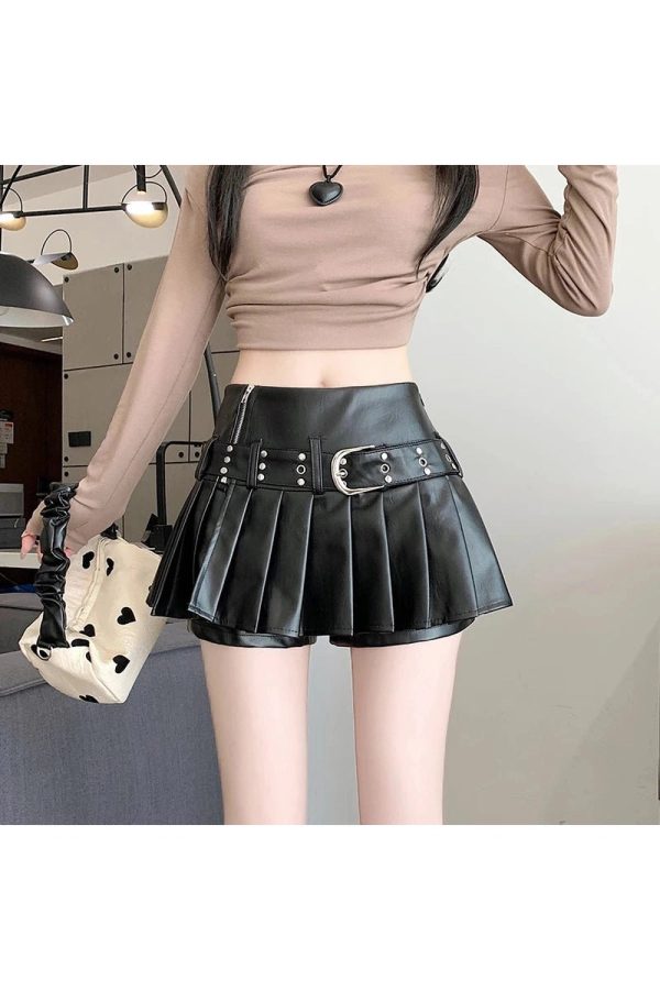 Riveted Pleather Mini Skirt for Y2K Aesthetic & Grunge Style Outfits