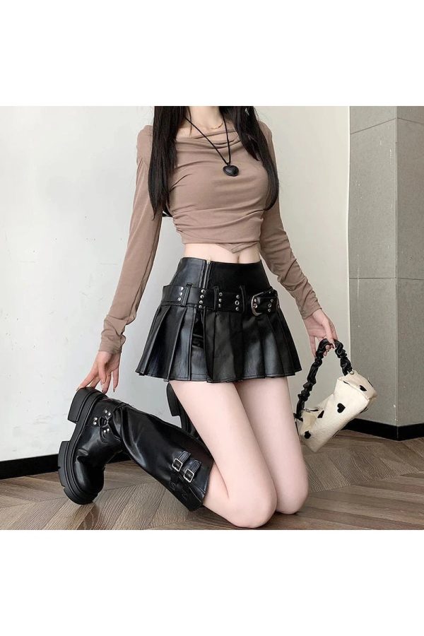 Riveted Pleather Mini Skirt for Y2K Aesthetic & Grunge Style Outfits