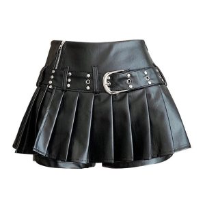 Riveted Pleather Mini Skirt for Y2K Aesthetic & Grunge Style Outfits