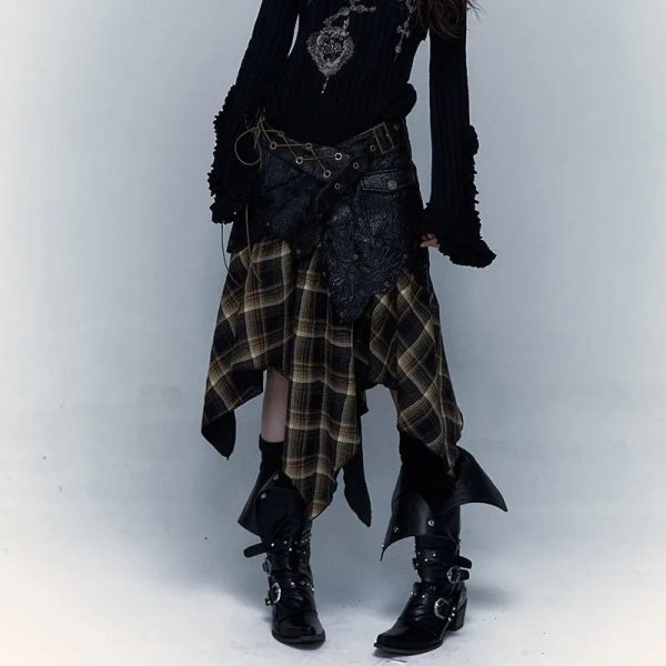 Rogue Y2K Plaid Patch Skirt for Grunge and Coquette Aesthetic Outfits