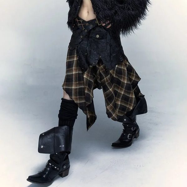 Rogue Y2K Plaid Patch Skirt for Grunge and Coquette Aesthetic Outfits