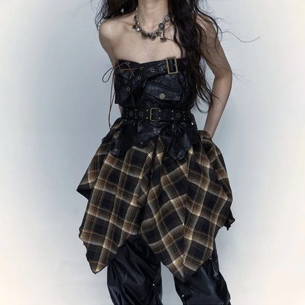 Rogue Y2K Plaid Patch Skirt for Grunge and Coquette Aesthetic Outfits