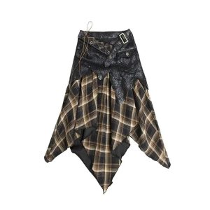 Rogue Y2K Plaid Patch Skirt for Grunge and Coquette Aesthetic Outfits