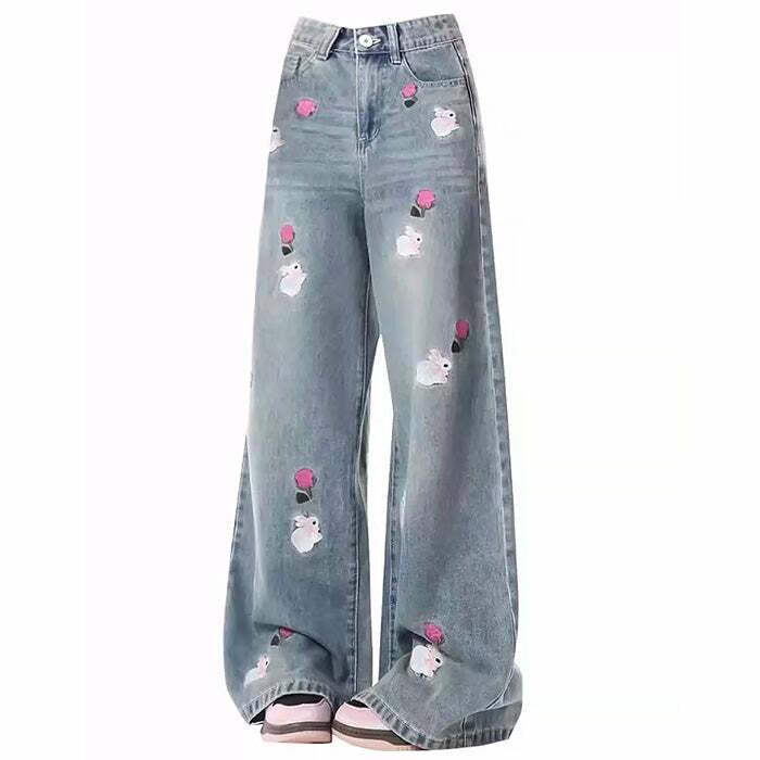 Rose and Bunny Embroidery Jeans - Y2K Aesthetic Cute Denim Style