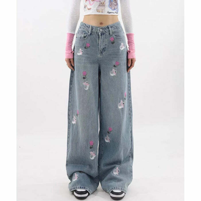 Rose and Bunny Embroidery Jeans - Y2K Aesthetic Cute Denim Style