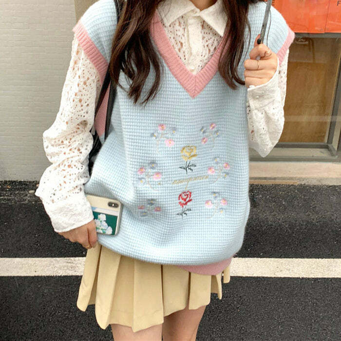 Rose Embroidery Knit Vest - Y2K Aesthetic Cute Top for Cozy Outfits