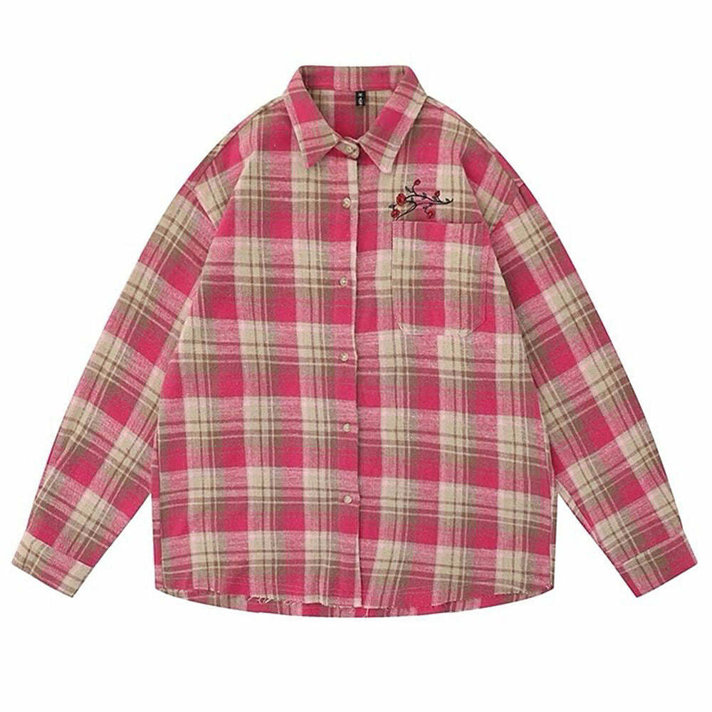 Rose in Pocket Plaid Shirt - Y2K Aesthetic Cute Top for Effortless Style