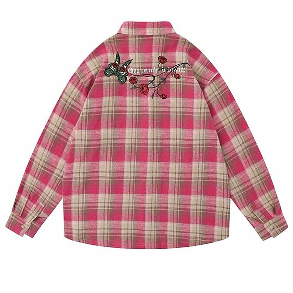 Rose in Pocket Plaid Shirt - Y2K Aesthetic Cute Top for Effortless Style