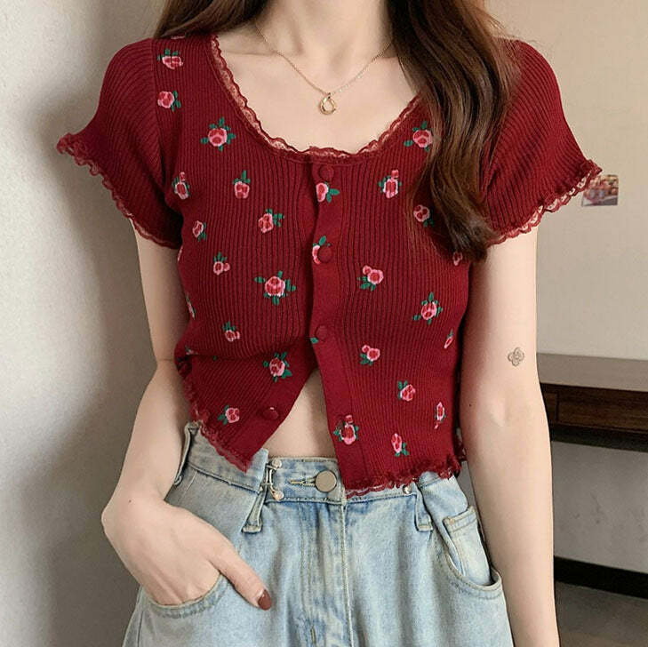 Rose Ribbed Button Up Top - Y2K Aesthetic Cute Top for Stylish Outfits