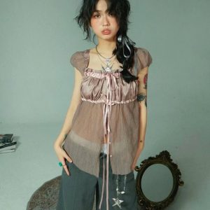 Rosy Ribbon Peasant Blouse - Y2K Aesthetic Cute Top for Effortless Style