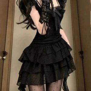 Ruffled Dark Fairy Mini Dress - Y2K Aesthetic with Grunge Style Vibes