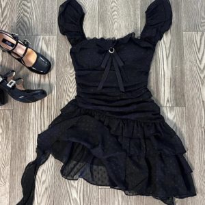 Ruffled Dark Fairy Mini Dress - Y2K Aesthetic with Grunge Style Vibes