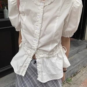 Ruffled Elegance Button-Up Blouse for Y2K Aesthetic and Coquette Style