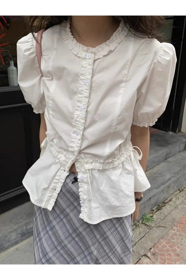 Ruffled Elegance Button-Up Blouse for Y2K Aesthetic and Coquette Style