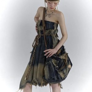 Rustic Shadows Y2K Denim Skirt - Embrace Grunge & Coquette Aesthetics