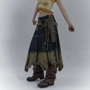 Rustic Shadows Y2K Denim Skirt - Embrace Grunge & Coquette Aesthetics