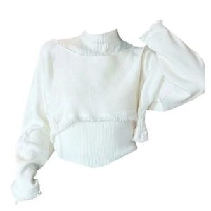 Sage Green Layered Off-Shoulder Sweater for Y2K Aesthetic Outfits