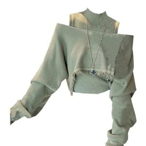 Sage Green Layered Off-Shoulder Sweater for Y2K Aesthetic Outfits