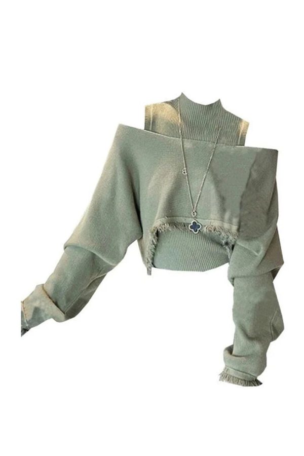 Sage Green Layered Off-Shoulder Sweater for Y2K Aesthetic Outfits