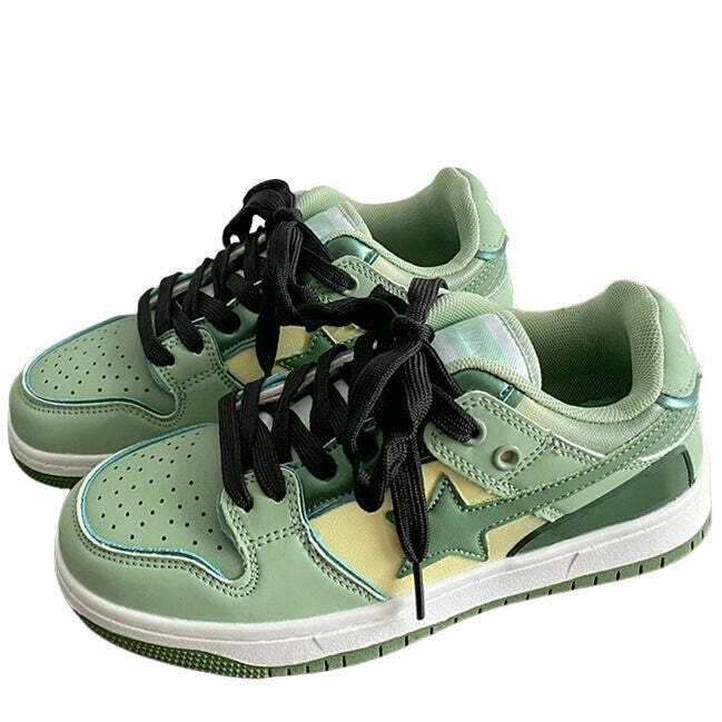 Sage Green Star Sneakers for Y2K Aesthetic and Grunge Style Outfits